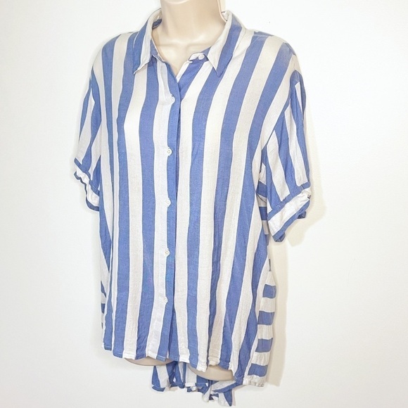NEW Vince Camuto High Low Relaxed Fit Knit Striped Short Sleeve Button Down Top - Picture 3 of 7